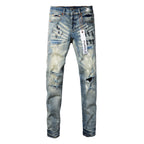 PURPLE  Men Classic Streetwear Jeans DistressedBlue Paint Slash Skinny 9037