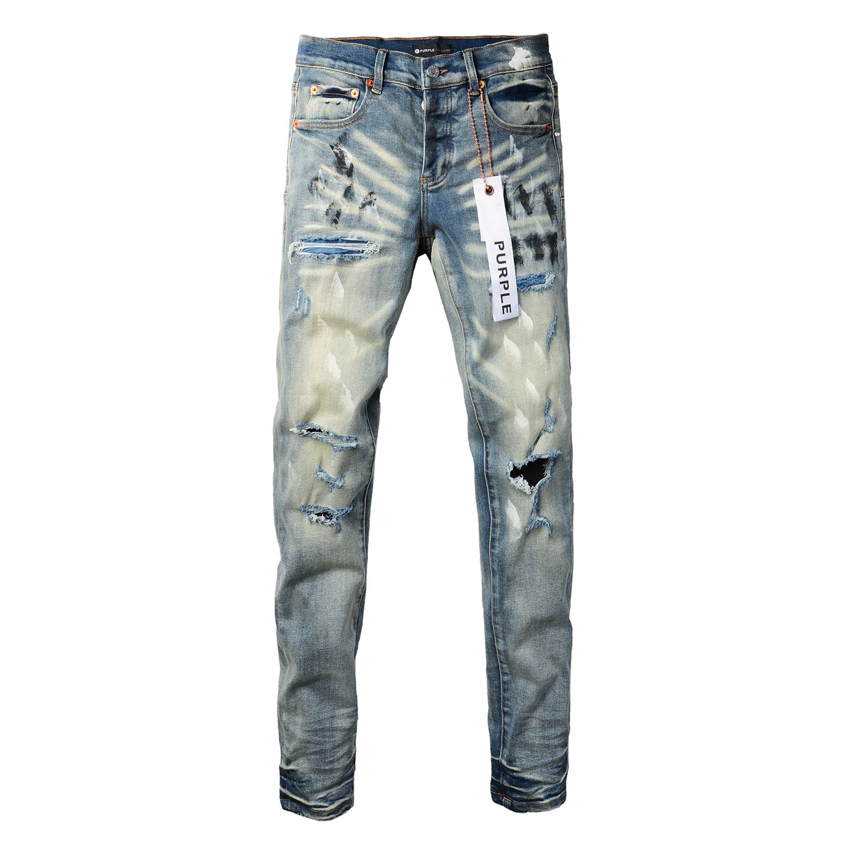 PURPLE  Men Classic Streetwear Jeans DistressedBlue Paint Slash Skinny 9037