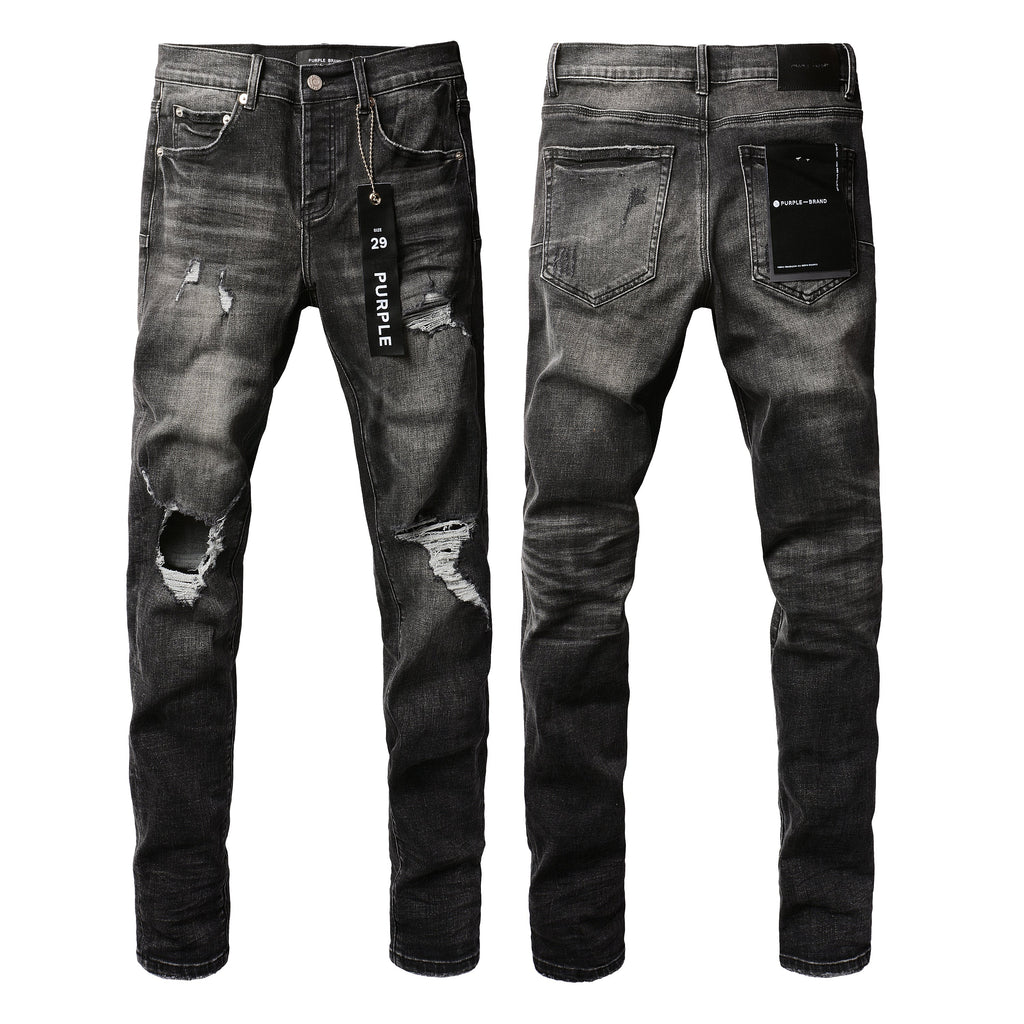 PURPLE  Men Streetwear Skinny Jeans Dark Gray Wash with Heavy Distressed Ripped Details 9079