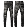 PURPLE  Men Streetwear Skinny Jeans Dark Gray Wash with Heavy Distressed Ripped Details 9079