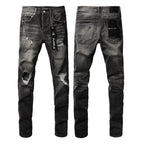 PURPLE  Men Streetwear Skinny Jeans Dark Gray Wash with Heavy Distressed Ripped Details 9079