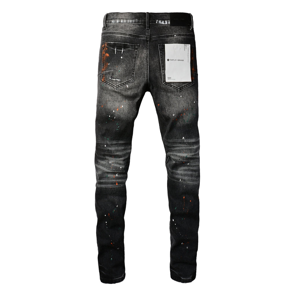 PURPLE  Men Streetwear Skinny Jeans Dark Gray Wash with Distressed Rips and Multi-Color Paint Splatter 9018