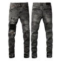 PURPLE  Men Classic Streetwear Jeans Distressed Grey Ripped skinny Fit 9103