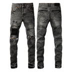 PURPLE  Men Classic Streetwear Jeans Distressed Grey Ripped skinny Fit 9103