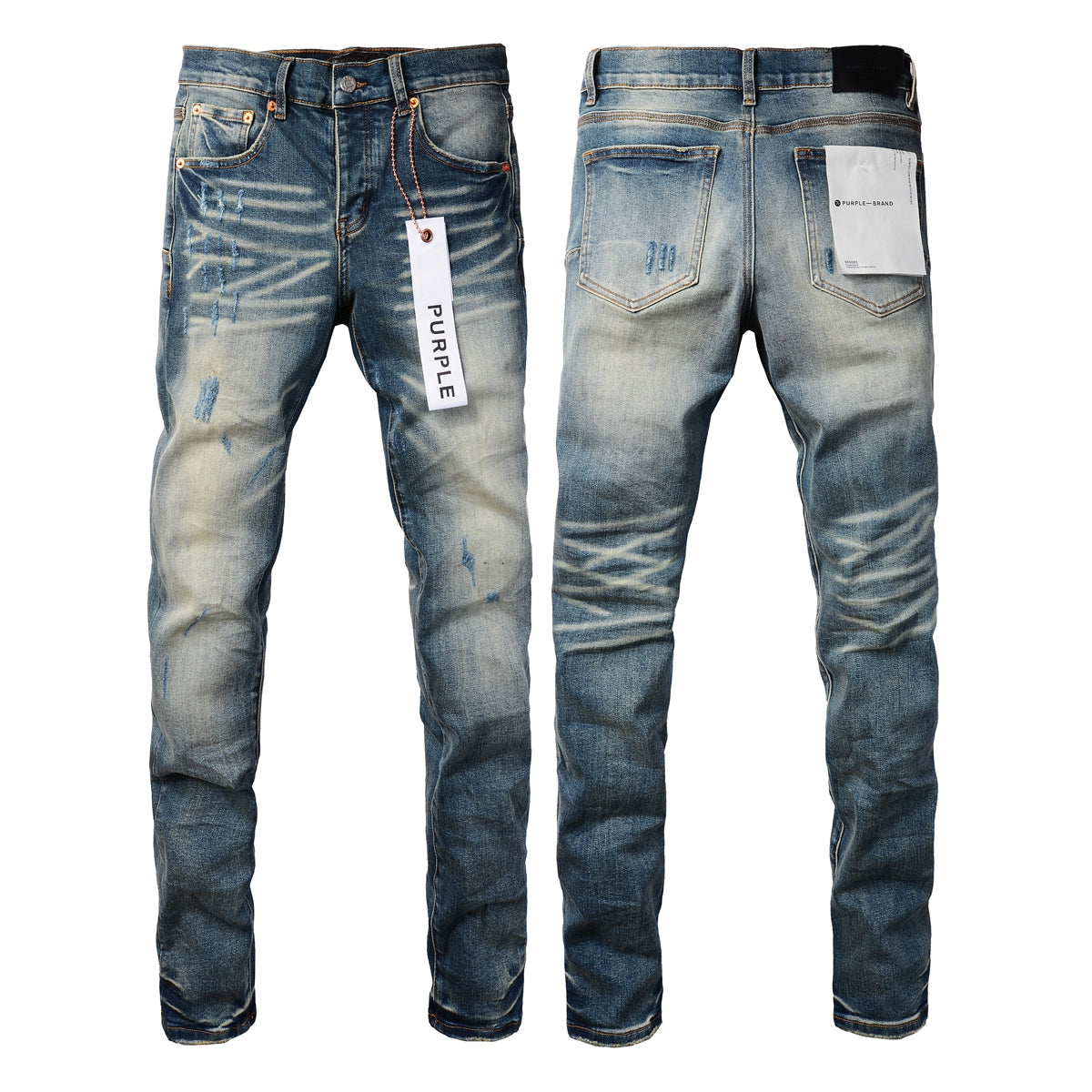 PURPLE  Men Streetwear Skinny Jeans Light Blue Wash with Vintage Faded Wash and Subtle Distress 9055