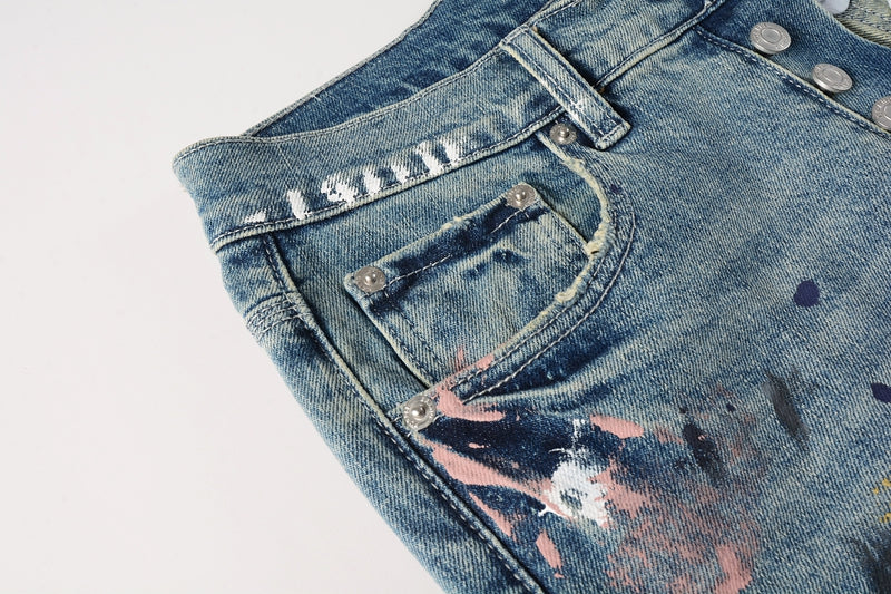 PURPLE  Men Streetwear Skinny Jeans Light Blue Wash with Multi-Color Paint Splatter and Distressed Rips 9072