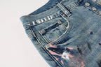 PURPLE  Men Streetwear Skinny Jeans Light Blue Wash with Multi-Color Paint Splatter and Distressed Rips 9072