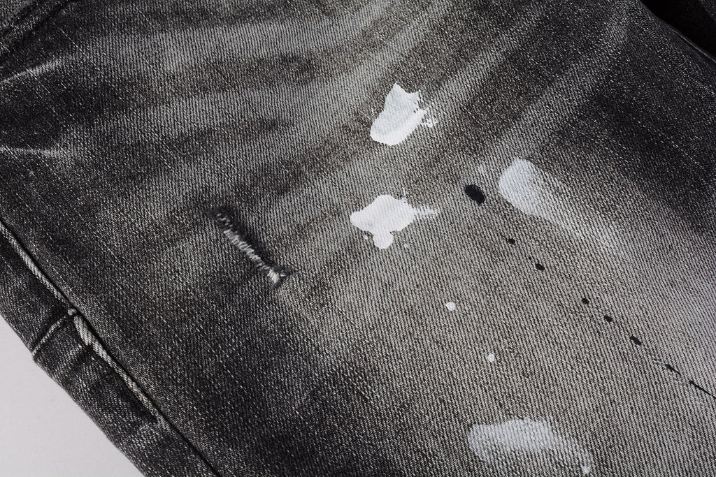 PURPLE  Men Streetwear Skinny Jeans Dark Gray Wash with White Paint Splatter and Distressed Rips 9032