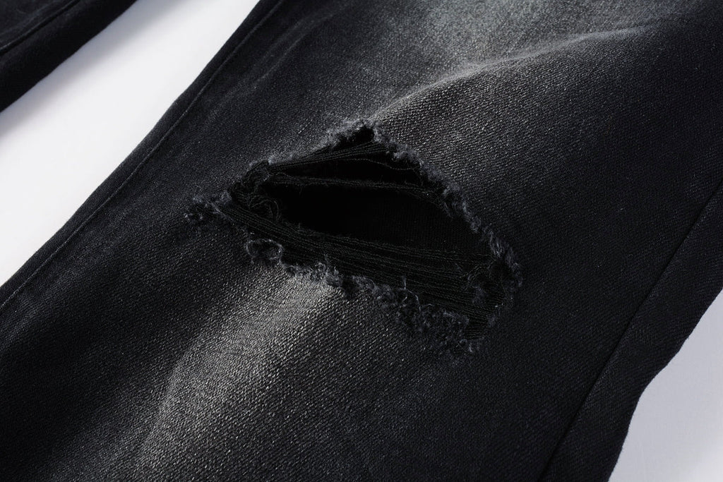 PURPLE   Men Streetwear Skinny Jeans Black Fade Wash with White Paint Splatter and Distressed Rips 9002