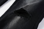 PURPLE   Men Streetwear Skinny Jeans Black Fade Wash with White Paint Splatter and Distressed Rips 9002