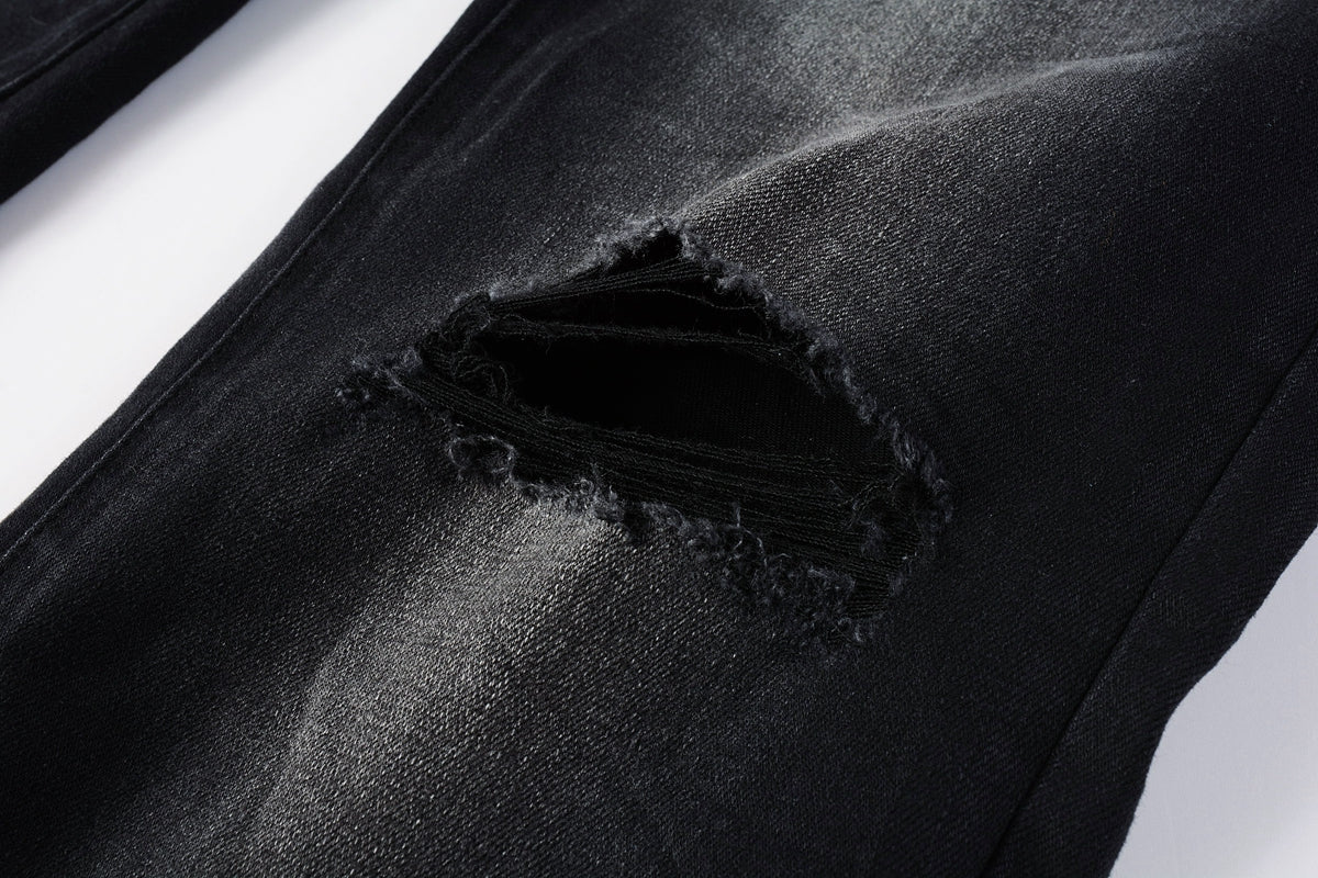 PURPLE   Men Streetwear Skinny Jeans Black Fade Wash with White Paint Splatter and Distressed Rips 9002