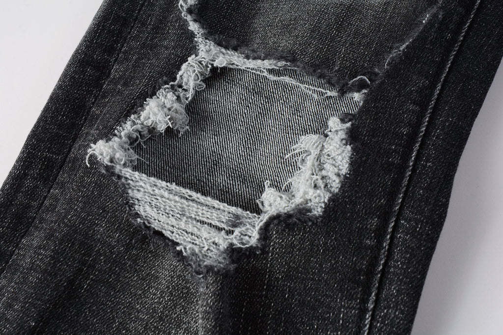 PURPLE  Men Streetwear Skinny Jeans Dark Gray Wash with Heavy Distressed Ripped Details 9079