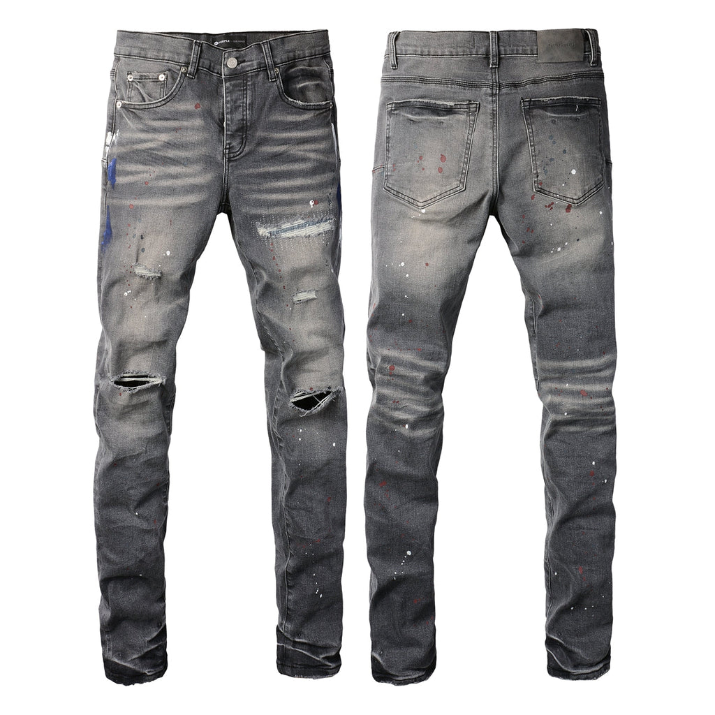PURPLE  Men Streetwear Distressed Grey Skinny Jeanswith Color Paint Splatter and Knee Rips 9107