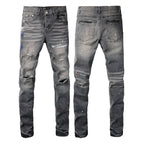 PURPLE  Men Streetwear Distressed Grey Skinny Jeanswith Color Paint Splatter and Knee Rips 9107