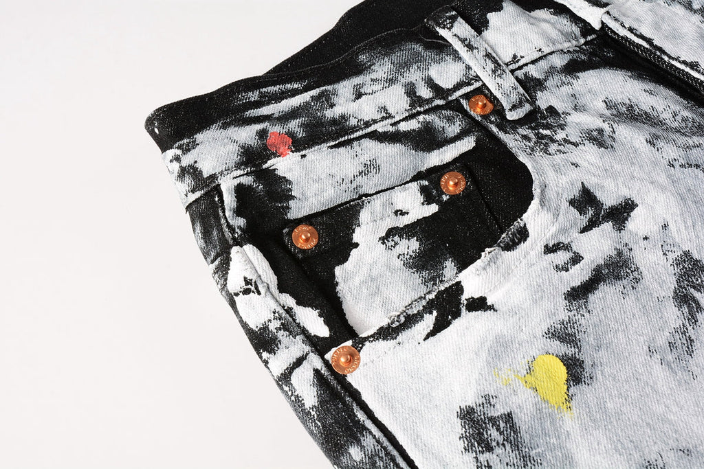 PURPLE  Men Streetwear Skinny Jeans Black and White Graffiti Wash with Multi - Color Paint Accents 9020