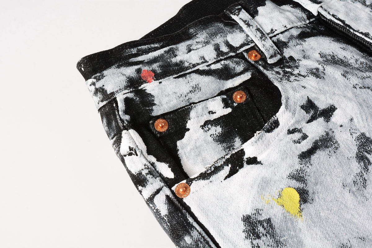 PURPLE  Men Streetwear Skinny Jeans Black and White Graffiti Wash with Multi - Color Paint Accents 9020