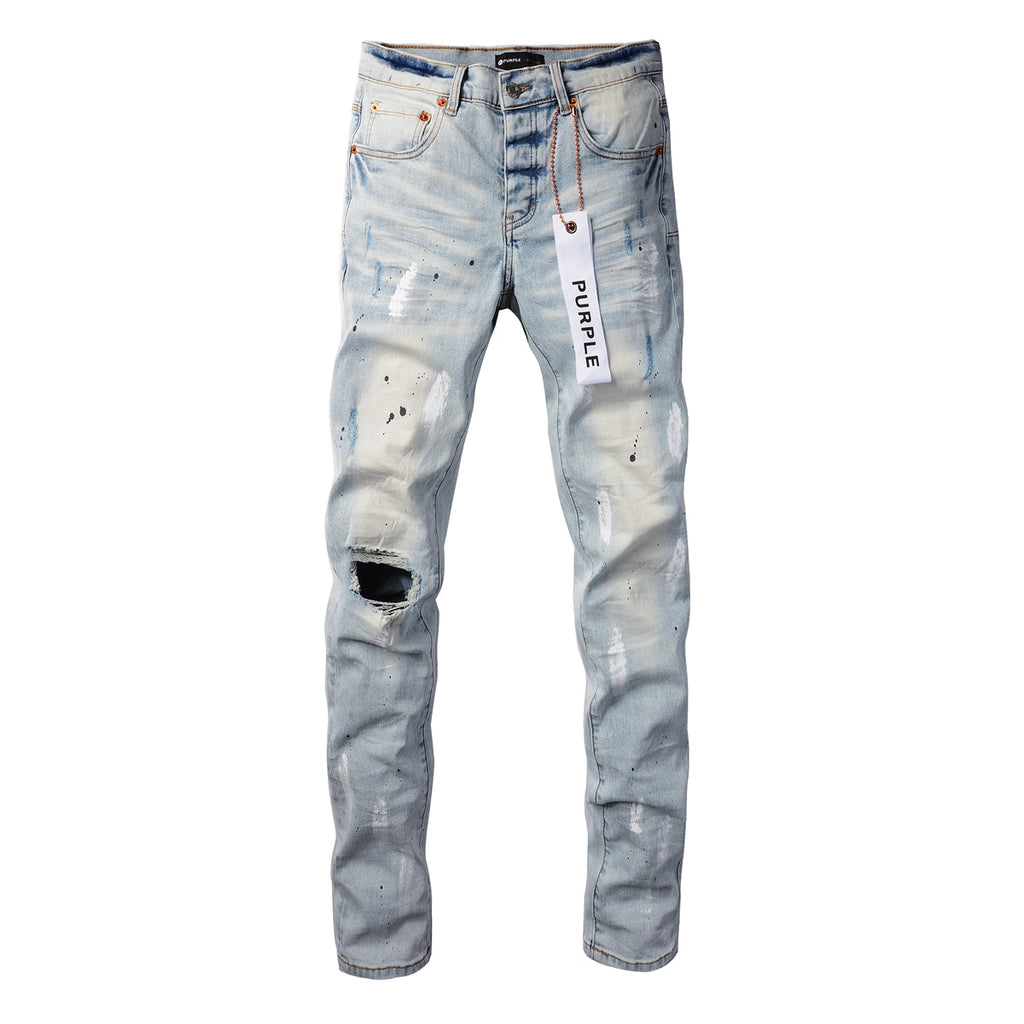 PURPLE  Men Streetwear Skinny Jeans Light Blue Wash with White Paint Splatter and Subtle Distress 9006