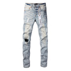 PURPLE  Men Streetwear Skinny Jeans Light Blue Wash with White Paint Splatter and Subtle Distress 9006