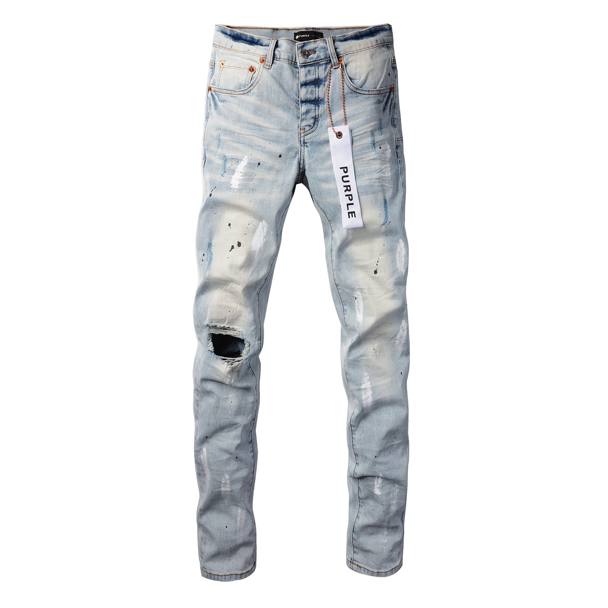 PURPLE  Men Streetwear Skinny Jeans Light Blue Wash with White Paint Splatter and Subtle Distress 9006