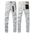 PURPLE  Men Streetwear Skinny Jeans Light Gray Wash with Minimalist Style and Tag Accent 9081