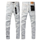 PURPLE  Men Streetwear Skinny Jeans Light Gray Wash with Minimalist Style and Tag Accent 9081