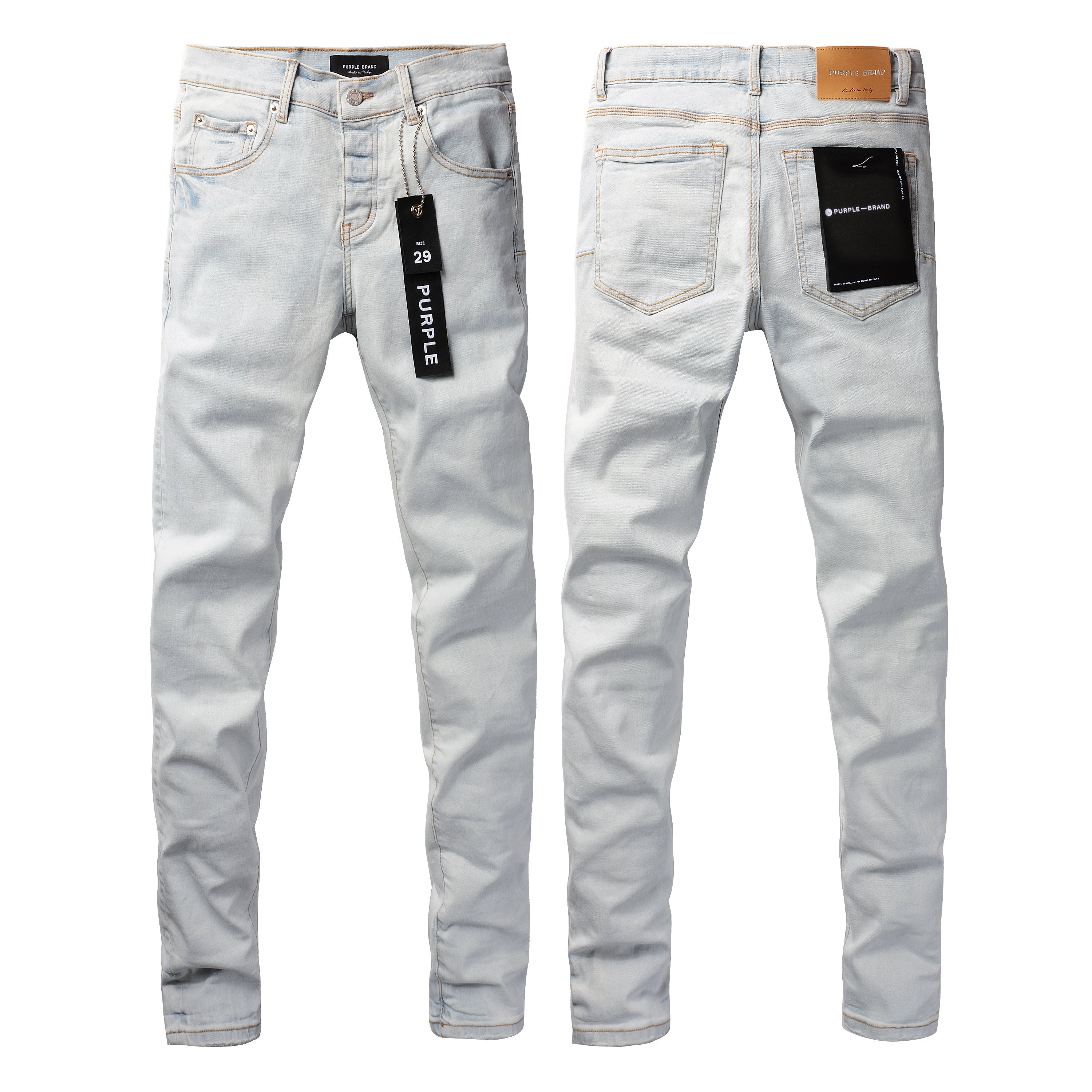 PURPLE  Men Streetwear Skinny Jeans Light Gray Wash with Minimalist Style and Tag Accent 9081