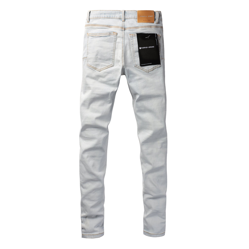 PURPLE  Men Streetwear Skinny Jeans Light Gray Wash with Minimalist Style and Tag Accent 9081