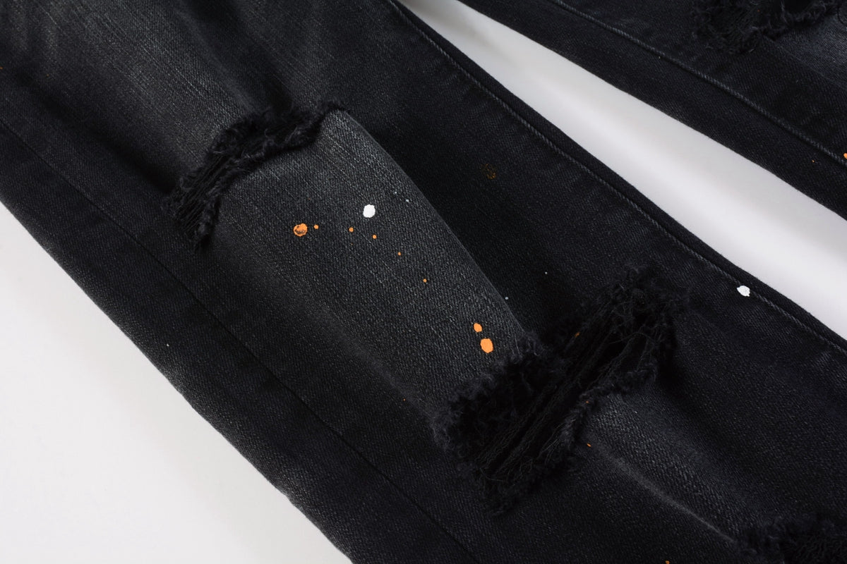 PURPLE  Mens Jeans - Distressed Black Denim with Knee Slit and Ripped Hole 9045
