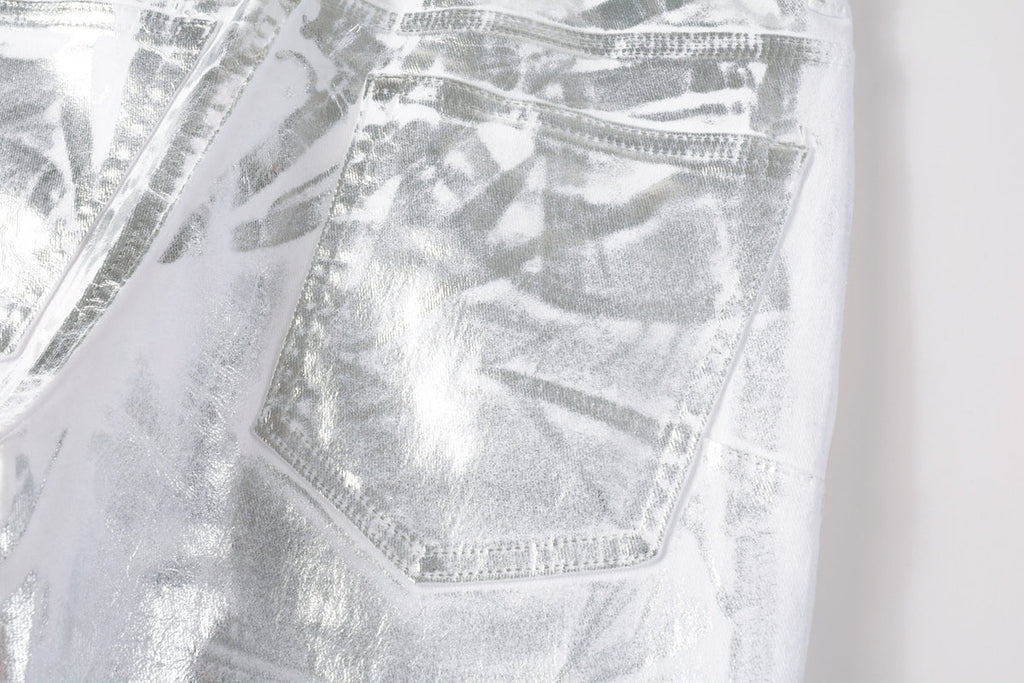 PURPLE  Men Streetwear Jeans Metallic Silver Coated Finish with Futuristic Shine Skinny Fit Statement 9110