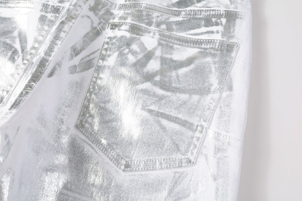 PURPLE  Men Streetwear Jeans Metallic Silver Coated Finish with Futuristic Shine Skinny Fit Statement 9110