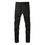 PURPLE  Men Streetwear Biker Skinny Jeans Black with Knee Pleats and Zipper Pockets 0964
