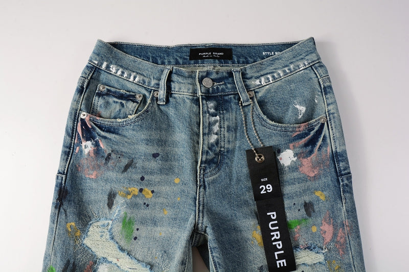 PURPLE  Men Streetwear Skinny Jeans Light Blue Wash with Multi-Color Paint Splatter and Distressed Rips 9072