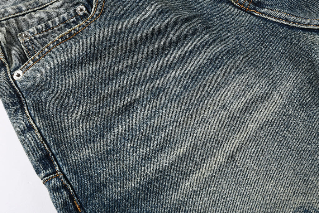 PURPLE  Men Vintage Streetwear Straight Jeans Blue Washed with Whisker Fade and Contrast Panels PU9120