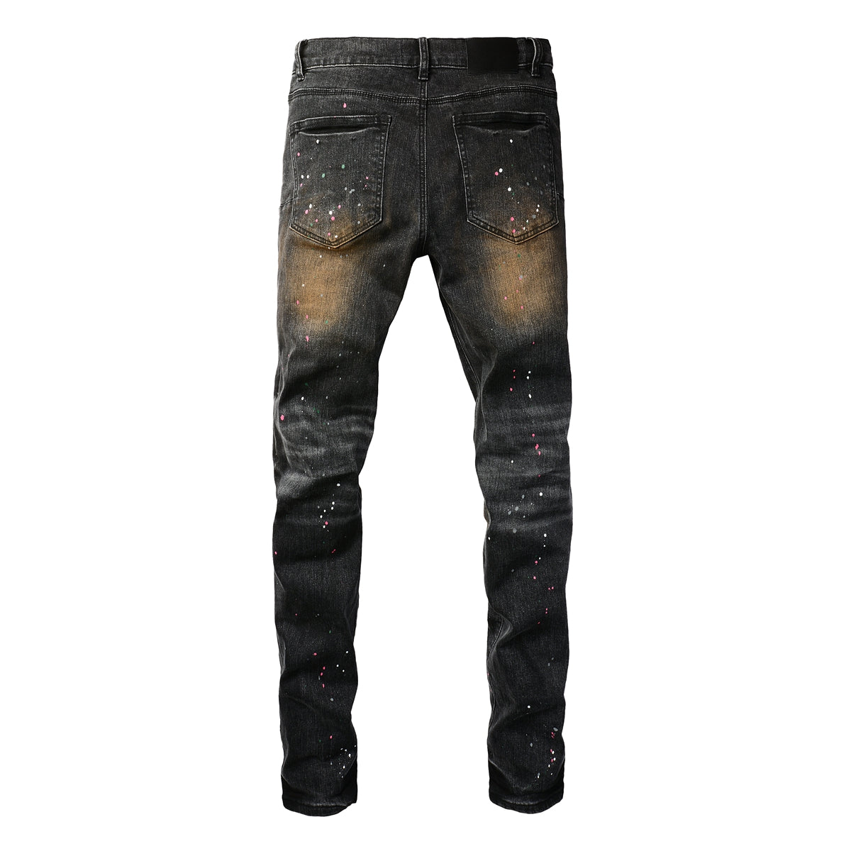 PURPLE  Men’s Black Skinny Jeans with Rust-Toned Wash and Multicolor Paint Splatter Artistic Distressed Street 9109