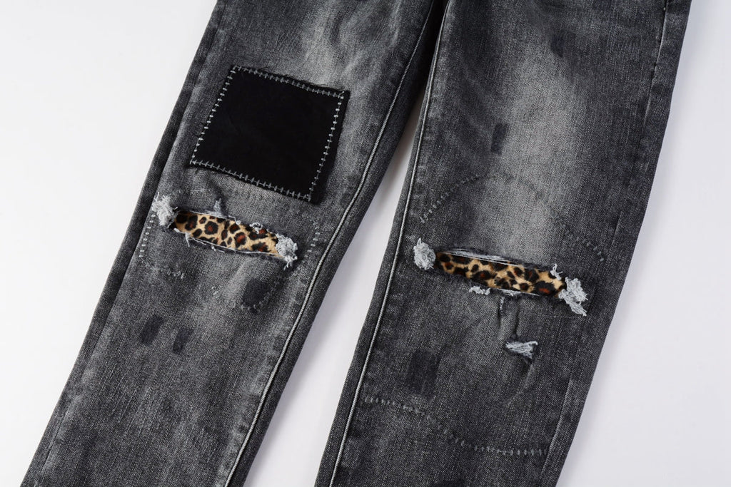 PURPLE  Men Classic Streetwear Jeans Distressed Grey Ripped skinny Fit 9103