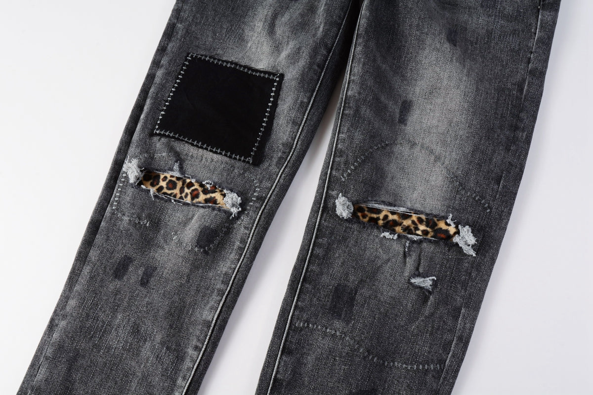 PURPLE  Men Classic Streetwear Jeans Distressed Grey Ripped skinny Fit 9103