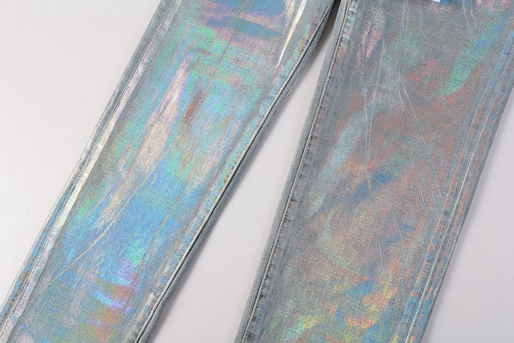 PURPLE   Men Streetwear Skinny Jeans Light Blue Wash with Holographic Iridescent Finish 9005
