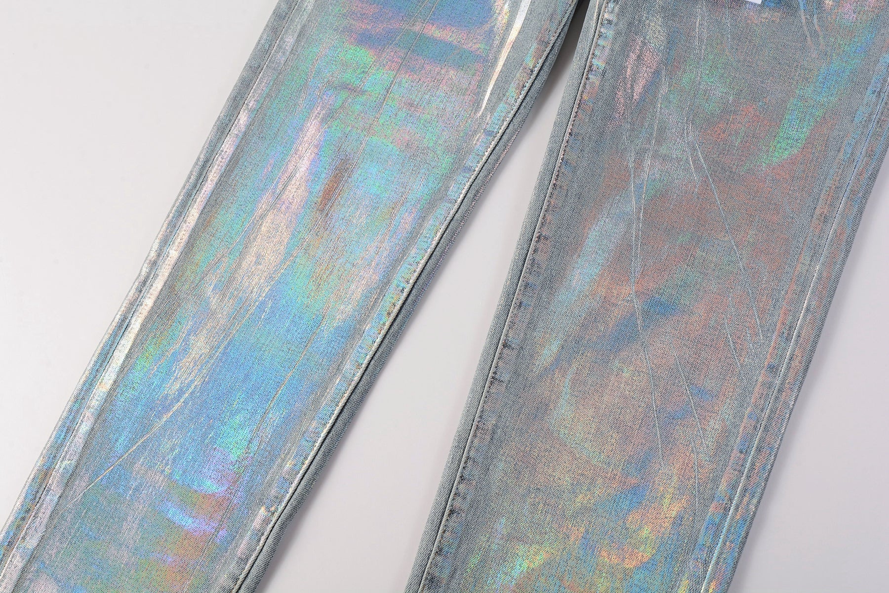 PURPLE   Men Streetwear Skinny Jeans Light Blue Wash with Holographic Iridescent Finish 9005