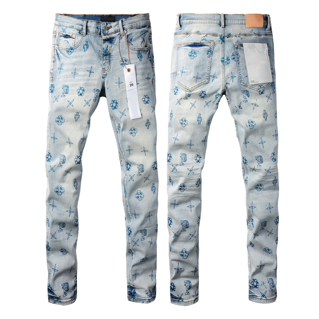 PURPLE  Men Streetwear Skinny Jeans Light Blue Wash with White Paint Brush Strokes 9063