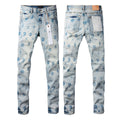 PURPLE  Men Streetwear Skinny Jeans Light Blue Wash with White Paint Brush Strokes 9063