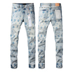 PURPLE  Men Streetwear Skinny Jeans Light Blue Wash with White Paint Brush Strokes 9063