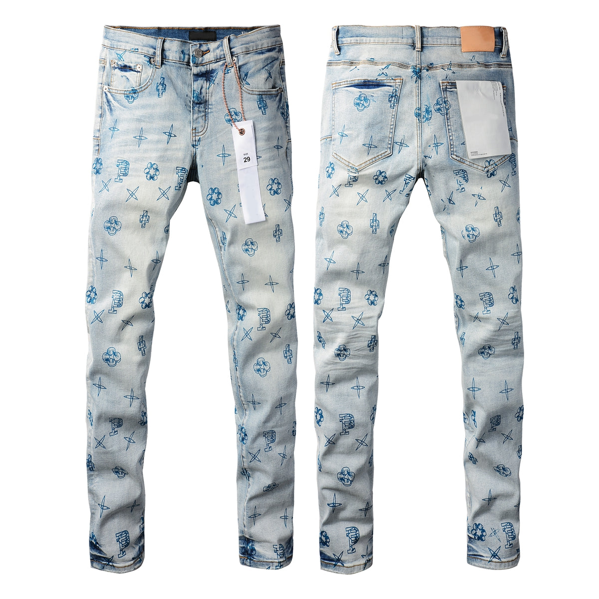 PURPLE  Men Streetwear Skinny Jeans Light Blue Wash with White Paint Brush Strokes 9063