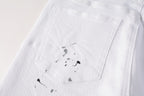 PURPLE   Men Streetwear Skinny Jeans White Wash with Black Paint Splatter and Distressed Rip 9021