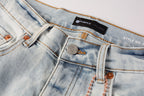 PURPLE   Men Streetwear Skinny Jeans Light Blue Wash with White Brushstroke Texture 7017