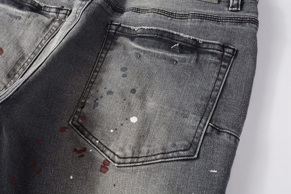 PURPLE  Men Streetwear Distressed Grey Skinny Jeanswith Color Paint Splatter and Knee Rips 9107