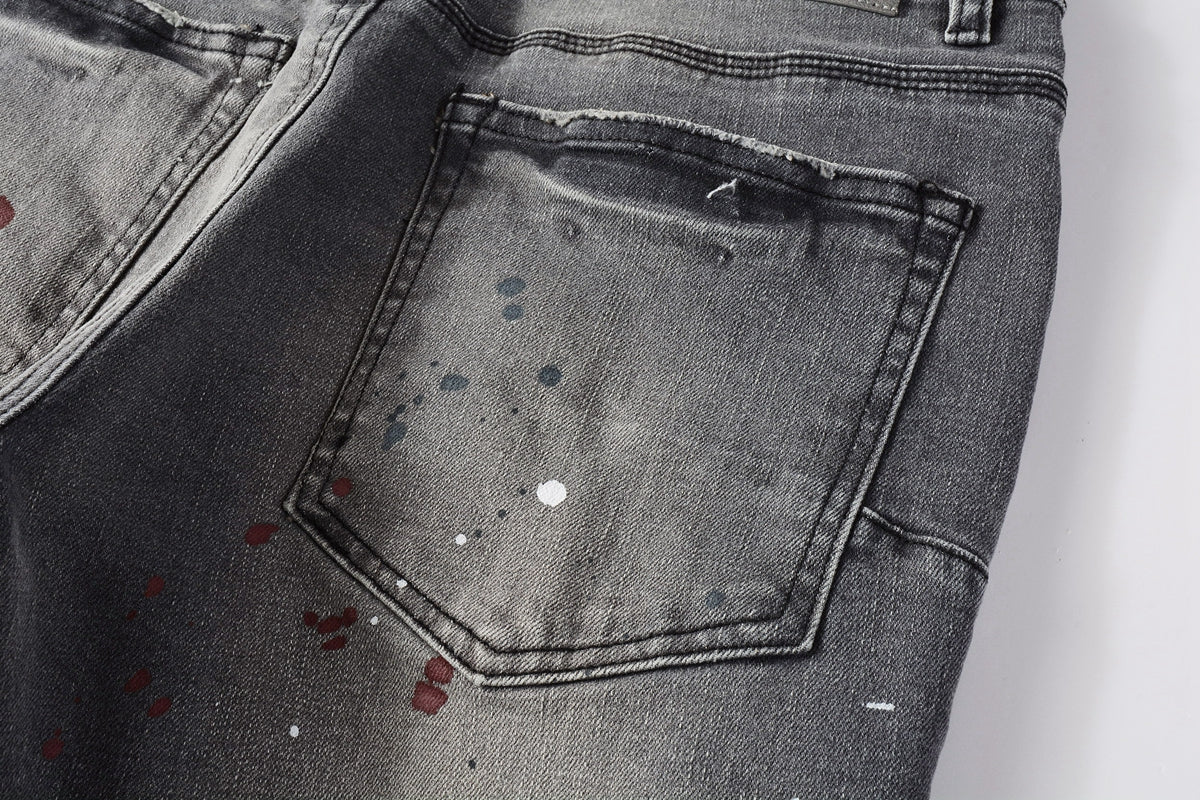 PURPLE  Men Streetwear Distressed Grey Skinny Jeanswith Color Paint Splatter and Knee Rips 9107