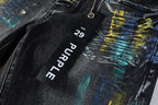 PURPLE  Men Streetwear Skinny Jeans Black Wash with Colorful Graffiti Paint Splash 9078