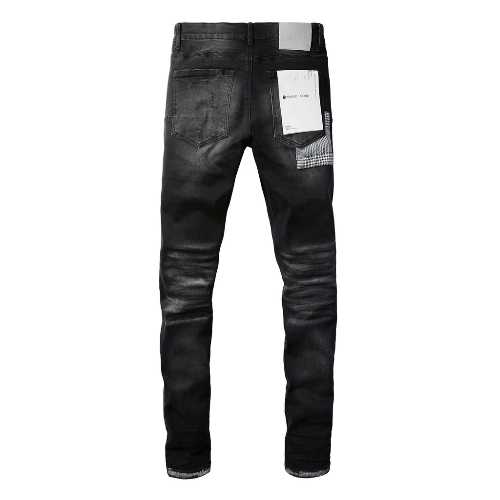 PURPLE  Men Streetwear Skinny Jeans Black Wash with Distressed Rips, Checkered Patches and White Paint Splatter 9001