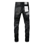 PURPLE  Men Streetwear Skinny Jeans Black Wash with Distressed Rips, Checkered Patches and White Paint Splatter 9001