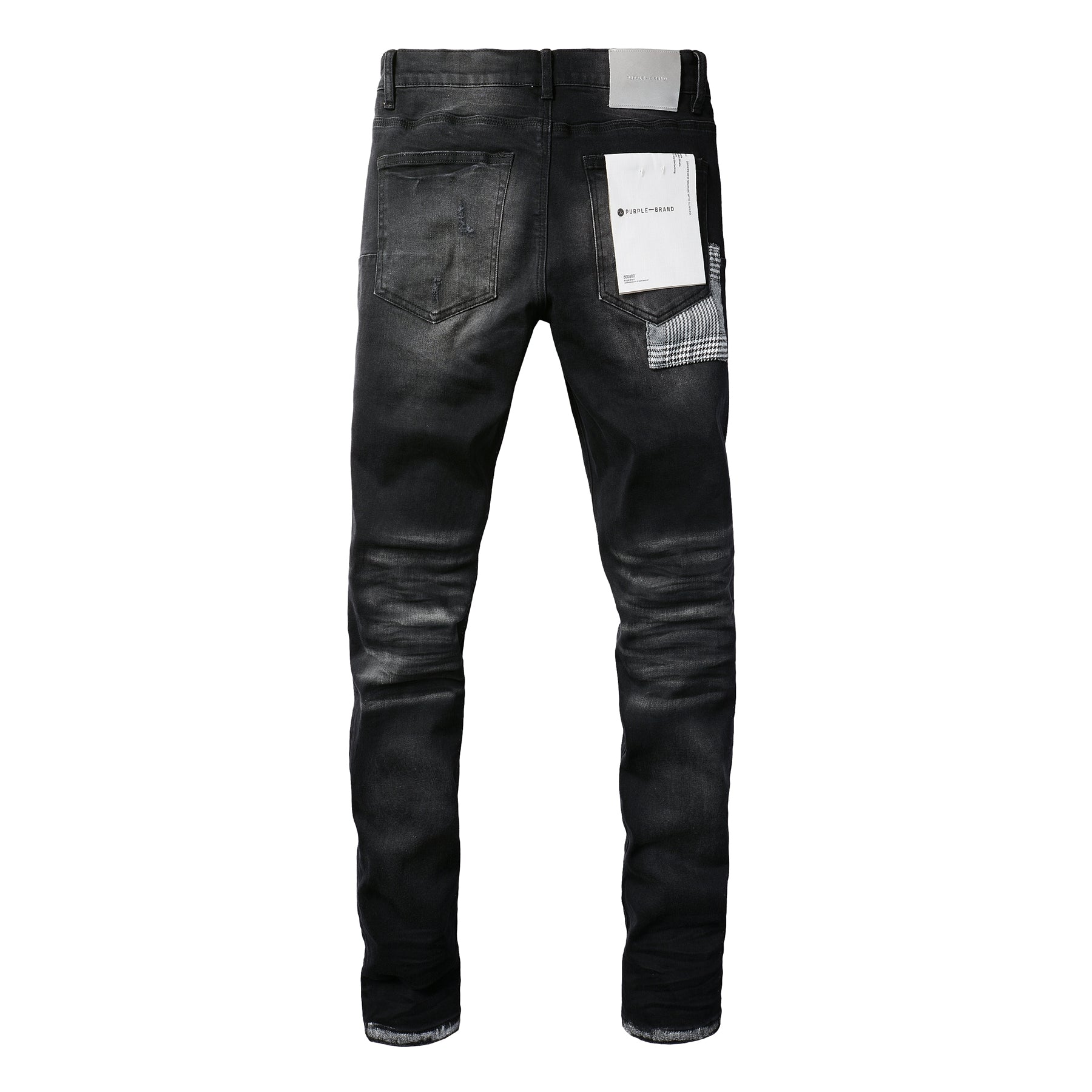 PURPLE  Men Streetwear Skinny Jeans Black Wash with Distressed Rips, Checkered Patches and White Paint Splatter 9001